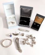 A collection of silver jewellery including charm bracelet set with 10 charms, silver link bracelet