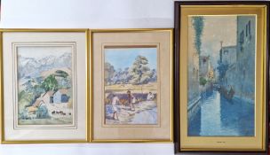 Three watercolour landscapes, to include one titled 'Venice', together with a pair of Himalayan