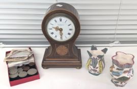A collection of prints and watercolours, coins, clock etc.