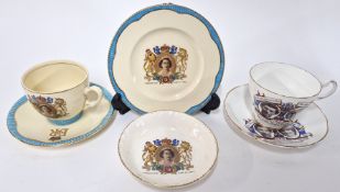 A Clarice Cliff Newport pottery Queen Elizabeth II Coronation 1953 plate, cup, and saucer set,