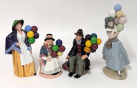 Three Royal Doulton figures including Balloon Lady, The Balloon Man and Balloon Girl also a Lladro