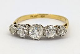 A five stone diamond ring, claw set with five graduated old-cut diamonds, approx. 0.88 carat