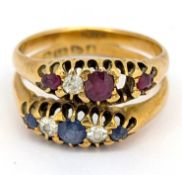 An Edwardian 18ct gold sapphire, ruby and diamond ring, two rings of similar design soldered