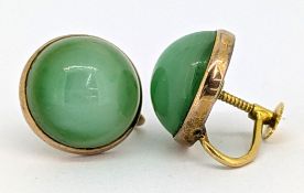 A pair of green hardstone screw back earrings, of circular form, collet set with a circular green