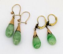 Two pairs of jade drop earrings, including a pair of teardrop shaped jade drop earrings with