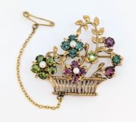 Deakin & Francis, a 9ct gold Giardinetto gem-set brooch, the openwork basket brooch with floral &