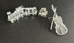Swarovski Crystal Glass, Locomotive, Petrol Wagon, Tender and Violin, all boxed,