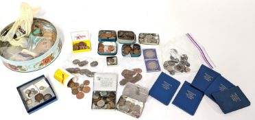 A collection of various coinage including shillings, one penny's, silver Wedding crowns, four