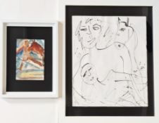 Nan Frankel (1921-2000) two drawings of nude figures with horses, signed on front, largest size 55cm