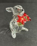 Swarovski Crystal Glass, Rabbit with Poinsettia, boxed.