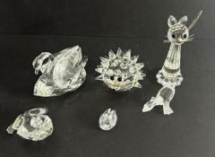 Swarovski Crystal Glass, a small collection including Frog Prince, Tall Cat, Swans x2, Hedgehog