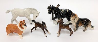Beswick Collie dog, two Beswick foals etc (two pieces not Beswick).