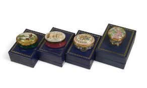 Four Halcyon Days hinged pill boxes to feature designs 'Floral', 'Victorian Fisherman', 'A Trifle