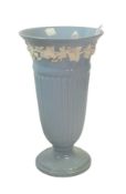 Wedgwood Embossed Queens Ware Footed Vase, blue with white relief of Grape & Vine. H:-22cm