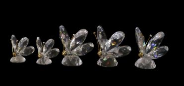 Swarovski Five Clear Crystal Butterflies with crystal tips on gold tone Antenna's, various sizes,