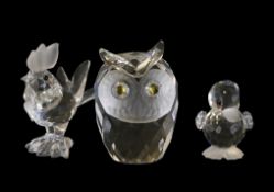 Swarovski Crystal Owl with frosted face and green eyes, by Max Shreck, together with Cockerel (