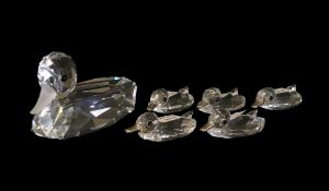 Swarovski Crystal Mallard Duck with frosted beak (012723) and five mini Ducks with metal beaks (