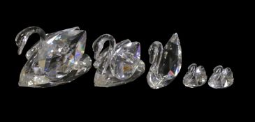 Swarovski group of Five Clear Crystal Swans of various sizes designed by Max Schreck introduced in