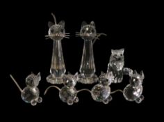 Swarovski selection of Cats to include:- two Tall Sitting Cats (010023), four mini clear crystal