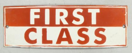 Enamel 'First Class' advertising sign. (H: 10cm x L: 30.5cm)