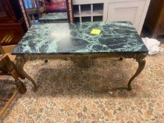 Green marble and brass coffee table, table top measures 98cm x 50 cm.