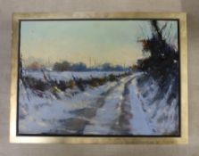 Framed oil on board by Hannah Woodman, Evening Walk, Soft Snow, overall size 39cm x 29cm.