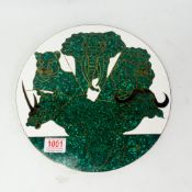 'The Big Five' inlaid malachite wall plaque, elephant, lion, leopard, rhino and cape buffalo,