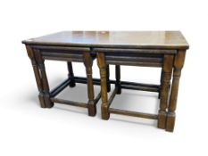 Oak nest of 3 tables. 1 rectangular coffee table with 2 nesting square side tables. H48cm x W90cm