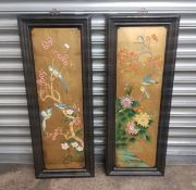 Two large modern Chinese framed decorative panels, depicting birds and fauna on a gilt field, 92cm x