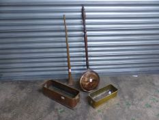 Mixed metalware items to include a copper trough planter, brass trough planter, copper bed warming