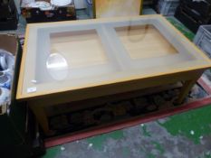 Modern beech effect and glass 'Calligaris' branded coffee table with storage below the top (hinged