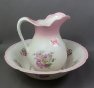 Large James Kent washbowl and jug with pink floral pattern, diameter of bowl 40cm (2).