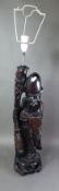 Large carved hardwood Oriental figural table lamp, height of wood base 55cm (no wiring).