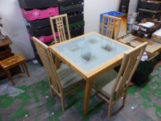 Modern beech effect and glass Italian-made 'Calligaris' branded dining table and 4 chairs, table top