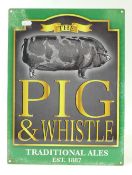 Medium size enamel 'Pig & Whistle,' traditional ales, advertising sign. (H: 40cm x L: 30cm)