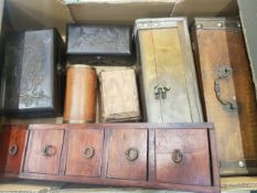 A collection of wooden items, small flight of wall hanging drawers, various vintage and vintage