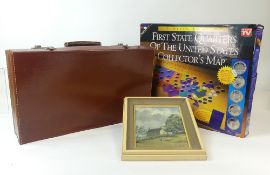 Framed oil on canvass painting of a rural landscape featuring stone farm house, trees and sheep