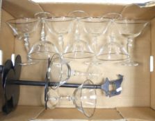 Metal, three bottle wine rack with nine large Laura Ashley cocktail glasses. (1 Tray)