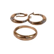 9ct gold diamond eternity ring, size P and a pair of 9ct gold earrings, 2.7g.