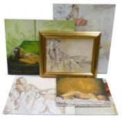 Six Female Nude life Studies Oil Paintings on canvas or board one framed in a Gold painted frame,