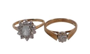 Two 9ct gold rings set with white stones, sizes m & L, 3.7g.