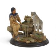 Country Artists 'Spring Of Life' CA851, Indian with a Wolf on a wooden plinth. H:-20cm L/E 774/