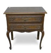 Louis XV style carved oak 2 drawer side table, H76cm x W70cm x D40cm. COURIER OR COLLECTION ONLY