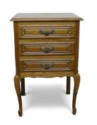 Louis XV style carved oak 3 drawer side table, H75cm x W48.5cm x D38cm. COURIER OR COLLECTION ONLY
