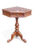 A Victorian corner side table with single drawer on central turned pedestal base with three carved