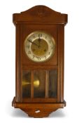 Edwardian golden oak wall clock, H60cm x W26cm. COURIER OR COLLECTION ONLY