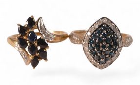 Two 9ct gold dress rings, each set with blue and white stones, sizes P/Q, 7.9g. (2)
