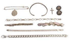 Four silver bracelets, St Christopher pendant and chain, bangle etc 106.6g.