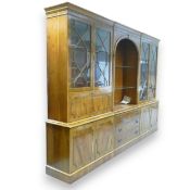 Three sectional Yew wood bookcase with astragal glaze doors & fitted bureau, curved open middle