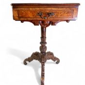 Victorian Burr Walnut inlaid side table with one drawer & carved tripod base. H:83cm x W:63cm x D: